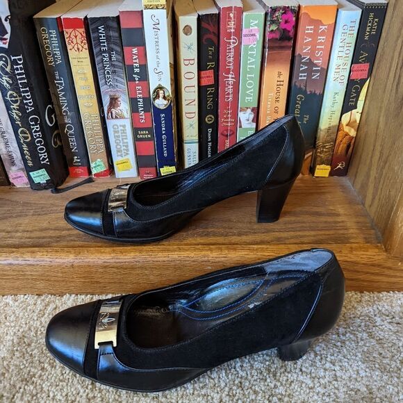 michael toschi black suede and patent leather chunky heel shoes sz 39 euc - Picture 3 of 7